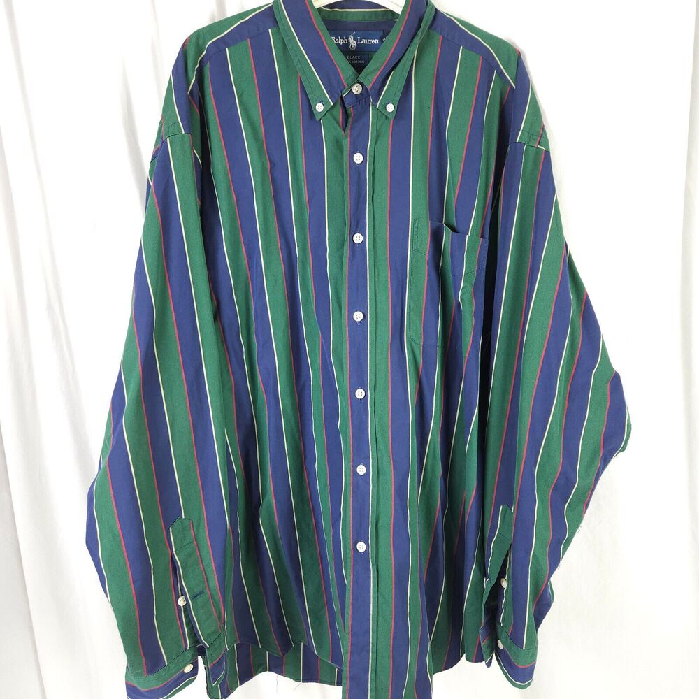 VTG Ralph Lauren Mens XL Green Navy Striped Blake Long Sleeve Button Down Shirt